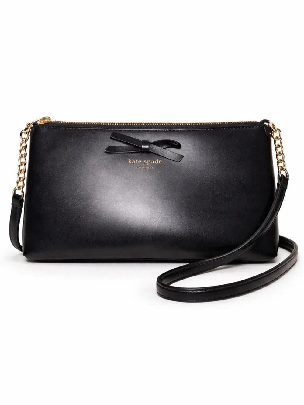 Kate Spade Black Leather Bow Shoulder Bag Crossbody Gold Chain Minimal Chic